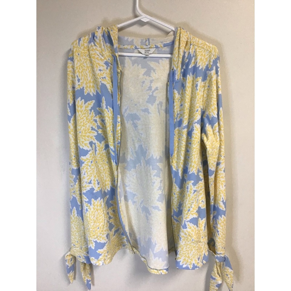 Crown & Ivy Yellow & Blue Floral Print Hooded Jacket Womens Size Large - Picture 5 of 6